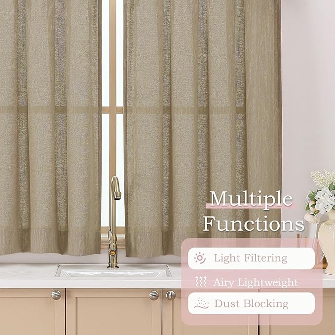 Simplebrand Taupe Semi Sheer Faux Linen Textured Curtains 84 Inches Long 2 Panels, Light Filtering Farmhouse Bedroom Curtains, Farmhouse Rod Pocket Soft Thick Window Drapes for Living Room, 50Wx84L