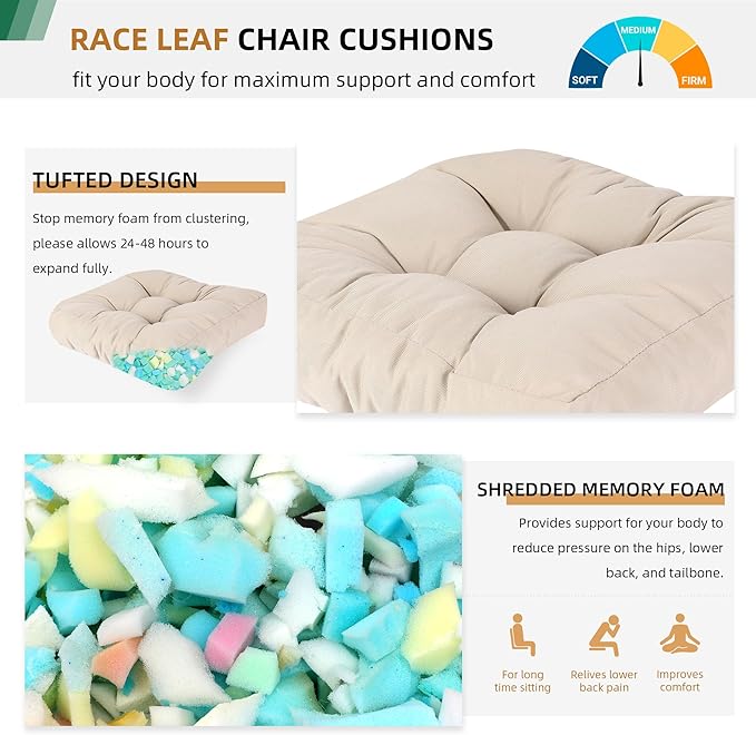 RACE LEAF 19" x 19" Patio Chair Cushions Khaki - Outdoor/Indoor Tufted Memory Foam Chair Pads Set of 2, Water-Resistant Olefin Chair Seat Cushion Non-Slip Backing