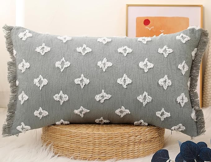 Boho Long Lumbar Pillow Cover 14x28 with Tassel,3D Flower Patterned Cotton Decorative Long Lumbar Pillow Cover Pillow Case for Sofa Couch Bed Livingroom Farmhouse,Blue Grey