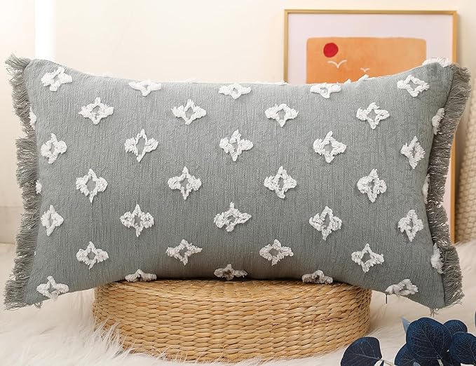 Boho Long Lumbar Pillow Cover 14x20 with Tassel,3D Flower Patterned Cotton Decorative Long Lumbar Pillow Cover Pillow Case for Sofa Couch Bed Livingroom Farmhouse,Blue Grey