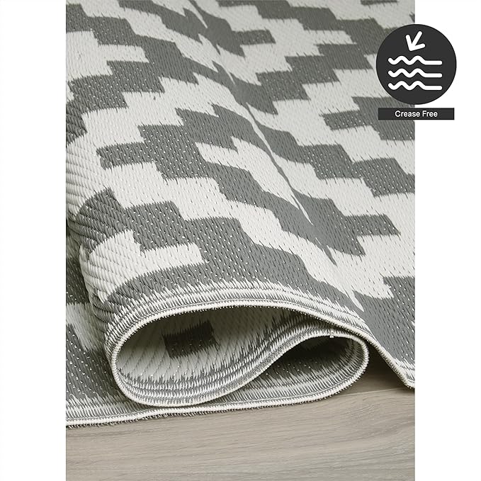 FH Home Outdoor Rug - Waterproof, Fade Resistant, Reversible - Premium Recycled Plastic - Geometric - Large Patio, Deck, Sunroom, Camping, RV - Aztec - Gray & White Crease Free - 6 x 9 ft