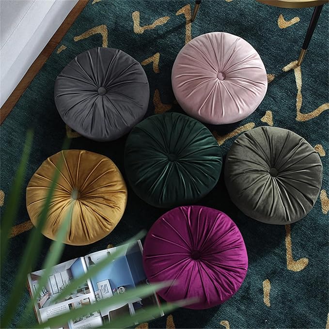 Round Throw Pillow Velvet Pumpkin Pleated Meditation Pillow Solid Color Home Decorative Throw Pillow Floor Cushion for Sofa Chair Living Room Decoration (Yellow)