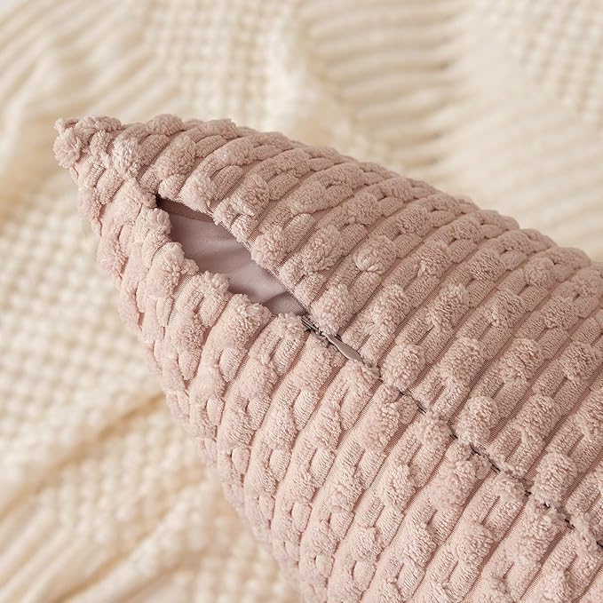 Kevin Textile Valentines Day 14x24 Inch Pillow Cover 1 Pack Boho Decorative Soft Striped Corduroy Lumbar Farmhouse Accent Rectangle Cushion Case for Living Room Couch Sofa Bed, Light Pink