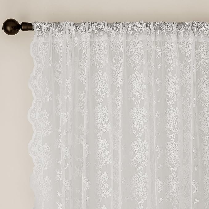 Anmao Vintage White Lace Curtains 96 Inches Long 2 Panels Set, Romantic Elegant Light Filtering Semi Sheer Floral Thick Lacy Curtain Drapes for Living Room and Bedroom, Each Panel 55W x 96L, Off White