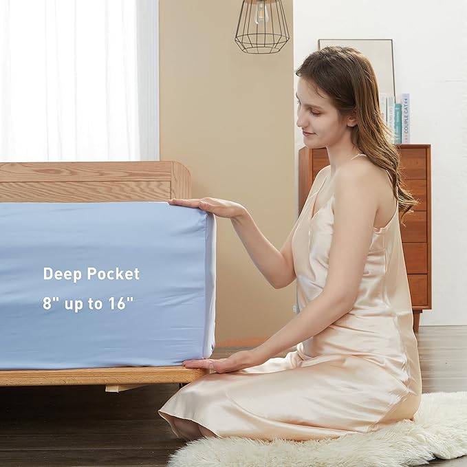 Sunflower California King Fitted Sheet, 1-Piece Deep Pocket Fitted Bottom Sheet 16", 100% Cotton Sateen Soft Breathable, Powder Blue
