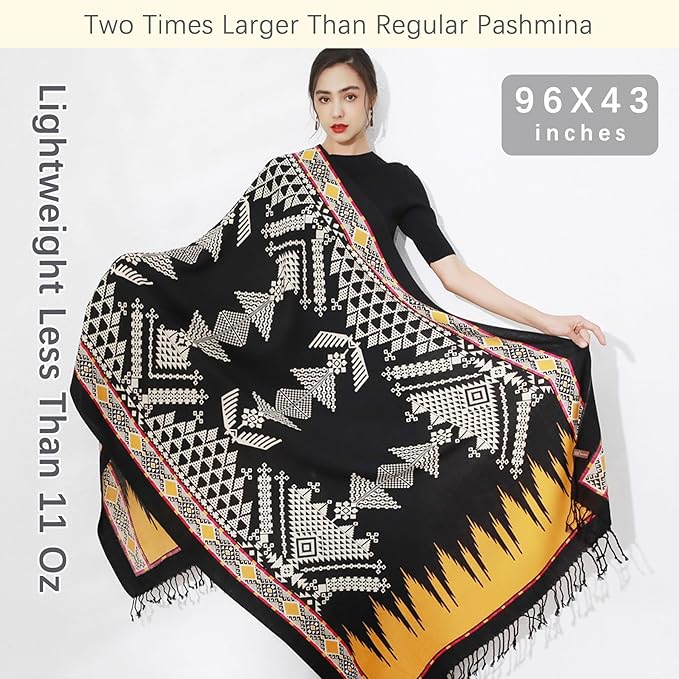 DANA XU 100% Merino Wool Pashmina Shawl for Women 96"x43", Oversized Cashmere Wrap with Tassels, Floral Travel Blanket Cape