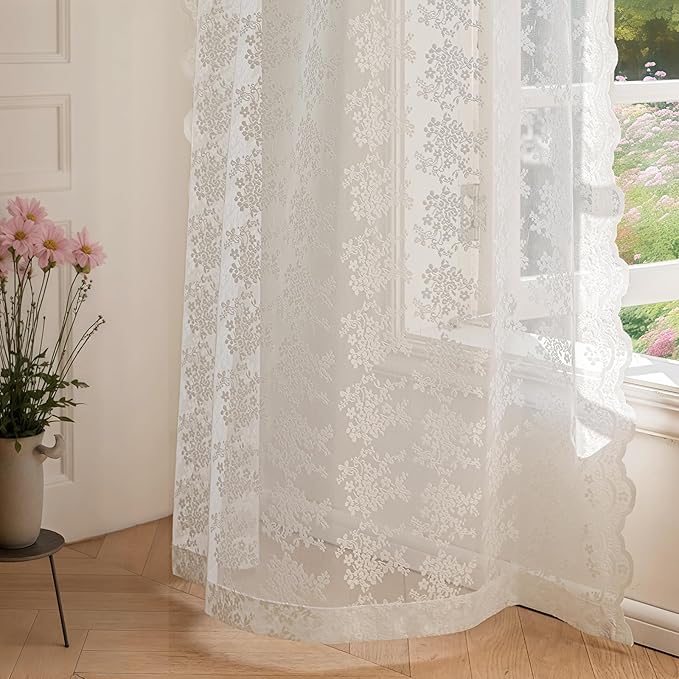 Anmao Vintage White Lace Curtains 90 Inches Long 2 Panels Set, Romantic Elegant Light Filtering Semi Sheer Floral Thick Lacy Curtain Drapes for Living Room and Bedroom, Each Panel 55W x 90L, Off White
