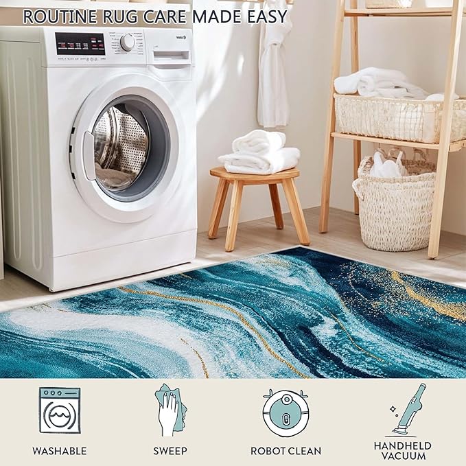 2x3 Abstract Entryway Area Rug Blue White Golden Bathroom Rug Non Slip Machine Washable Low Pile Small Carpet Kitchen Bedroom Door Mat Entrance