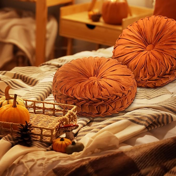 2 Pcs Round Throw Pillows 15 Inch Decorative Velvet Pleated Pumpkin Floor Boho Pillows for Living Room Couch Chair Bed Sofa (Orange)
