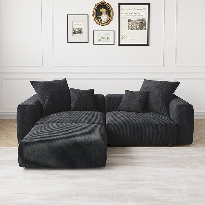 JACH Modular Sectional Couch Sofa with 4 Pillows, Modern Minimalist Sectional Couch with Ottoman, Cushion Covers Removable, Huge Plus Love Seat Sofas Couches for Living Room, Office (Black)