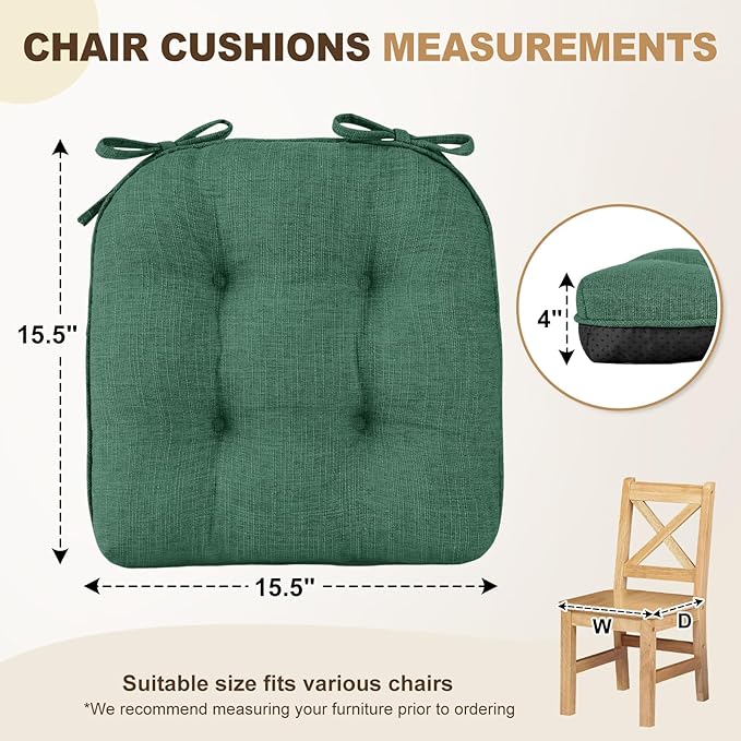 downluxe Indoor Chair Cushions for Dining Chairs, Tufted Overstuffed Textured Foam Kitchen Chair Pads with Ties and Non-Slip Backing, 15.5" x 15.5" x 4", Dark Green, 6 Pack