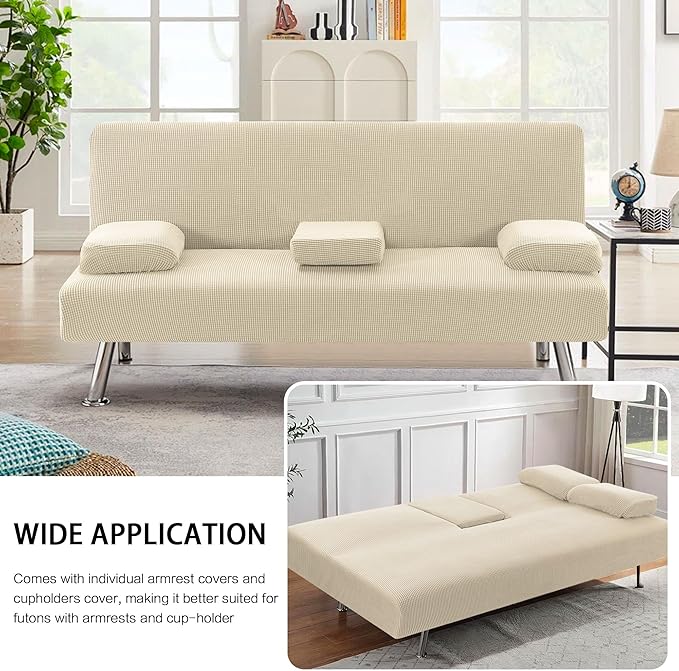 H.VERSAILTEX 4 Pieces Stretch Futon Covers Sofa Bed Slipcover with Removable Armrests and Cupholders Covers Furniture Protector High Spandex Small Checks Jacquard Fabric, Natural