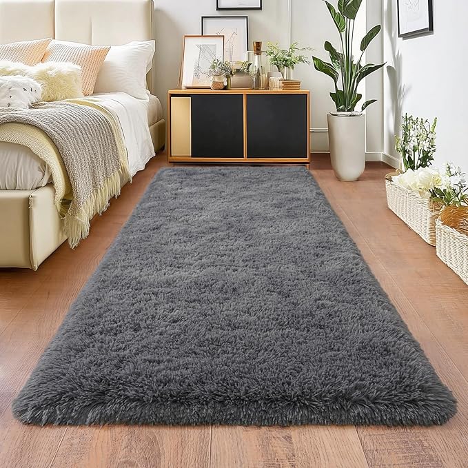 Deep Grey Runner Rug for Hallway, Bedroom Bedside Plush Rugs, Non Slip Fluffy Shaggy Carpet for Kids Home Decor, Dorm Nursery 2x6 Ft