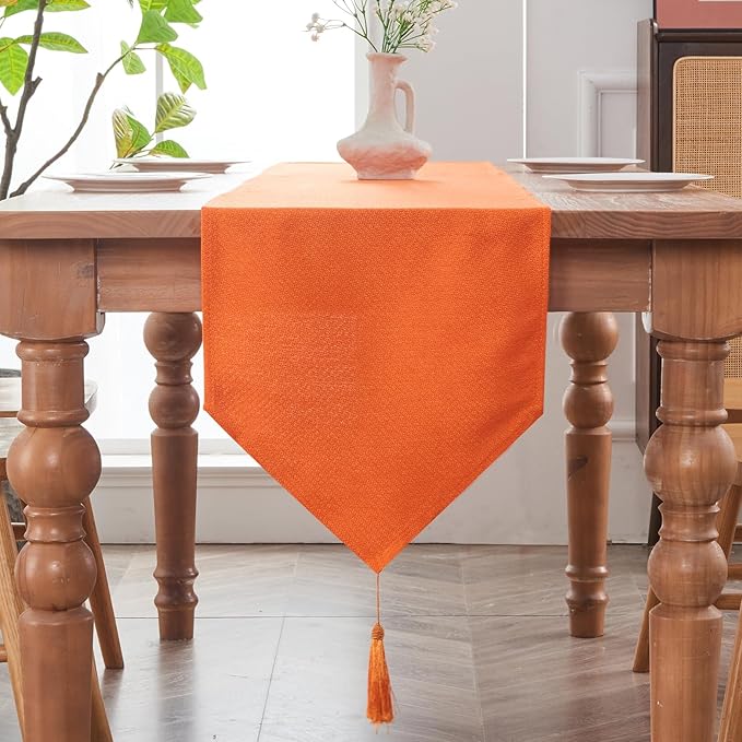 BALCONY & FALCON Table Runner with Tassels Rustic Farmhouse Jacquard Linen Style Water Resistant Washable Runner for Autumn Fall Harvest Halloween Thanksgiving Party 14 x 71 inch, Vibrant Orange
