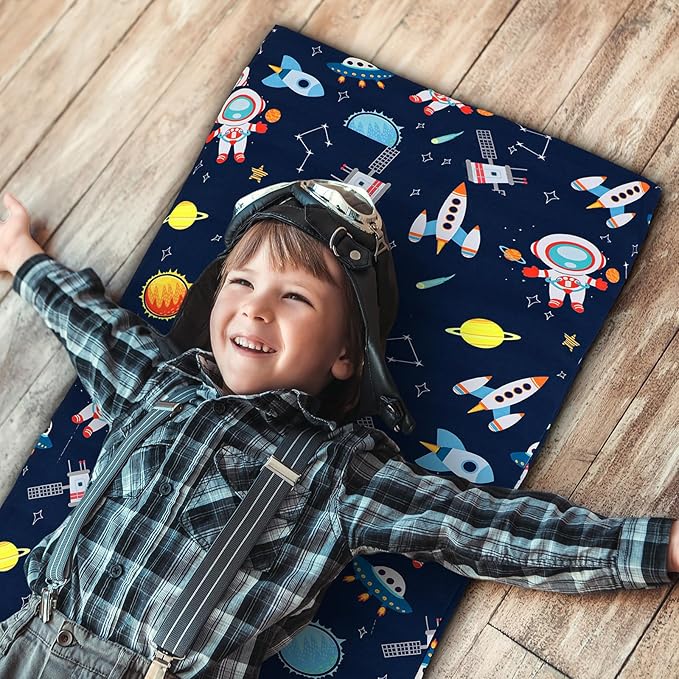 2 Pcs Dinosaurs Nap Mat Cover for Boys Girls Sewn in Flap Design Blue Sleeping Kids Astronauts Nap Mat Covers Soft Microfiber Cot Sheet for Preschool Kindergarten Toddler Daycare