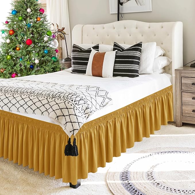 Biscaynebay Wrap Around Bed Skirts for Full & Full XL Beds 15" Drop, Christmas Gold Adjustable Elastic Dust Ruffles Easy Fit Wrinkle & Fade Resistant Silky Luxurious Fabric Machine Washable