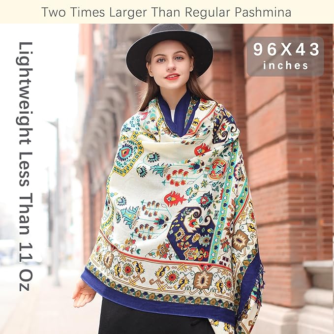 DANA XU 100% Merino Wool Pashmina Shawl for Women 96"x43", Oversized Cashmere Wrap with Tassels, Floral Travel Blanket Cape