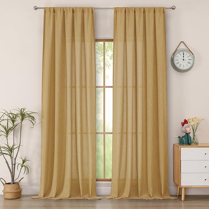 Simplebrand Gold Semi Sheer Faux Linen Textured 120 Inches Long Curtains 2 Panels Set, Privacy Farmhouse Window Drapes for Living Room/Birthday Party/Hallway Window Guest Room, 10FT, 50 x 120 Inch