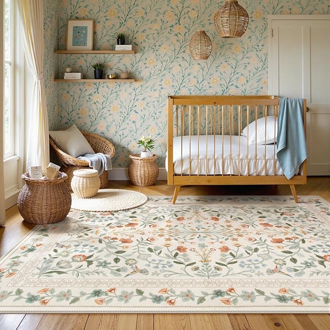 Lahome Floral Area Rug 5x7, Washable Soft Kids Room Nursery Rug Non Slip Ultra-Thin Carpet for Bedroom, Vintage Botanical Print Carpet for Playroom Classroom Living Room, Beige