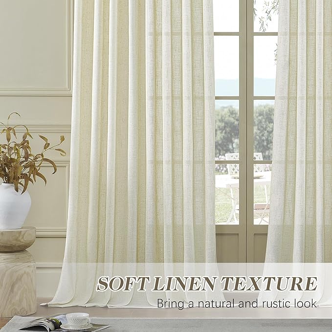 MASWOND Natural Pinch Pleated 108 Inch Curtains 2 Panels for Living Room Semi Sheer Linen Curtains Pinch Pleat Drapes for for Living Room Pinch Drapes with Hooks 50" Wx108 L
