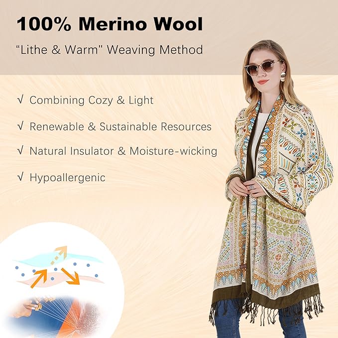 DANA XU 100% Merino Wool Pashmina Shawl for Women 96"x43", Oversized Cashmere Wrap with Tassels, Floral Travel Blanket Cape