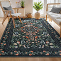 Lahome 9x12 Rugs for Living Room, Non-Slip Stain Resistant Dining Room Rug Washable Untra-Thin Soft Large Carpet, Vintage Botanical Print Low-Pile Carpet for Bedroom Office, Black