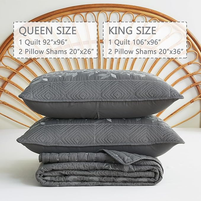 EVENHUG Floral Embroidered Quilt Set King Size 3 Piece Bedding Set Reversible Farmhouse Bedspread Coverlet with 2 Pillow Shams Lightweight Soft Bed Cover for All Season(106"X 96",Grey)