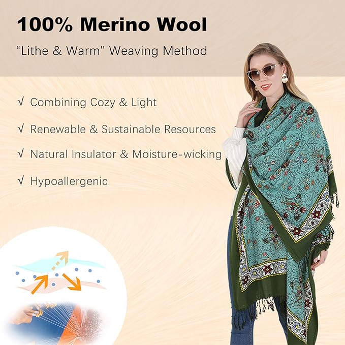 DANA XU 100% Merino Wool Pashmina Shawl for Women 96"x43", Oversized Cashmere Wrap with Tassels, Floral Travel Blanket Cape