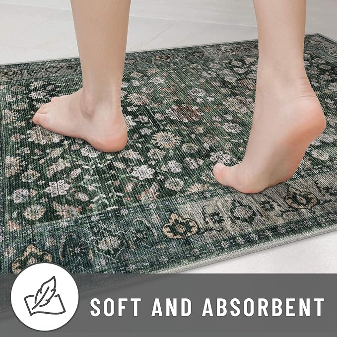 KUTA 3x5 Rugs for Entryway, Vintage Floral Dark Green Area Rug Washable Non-Slip Ultra Thin Soft Printed Distressed Entry Low-Pile Throw Carpet for Bedroom Nursery Living Room