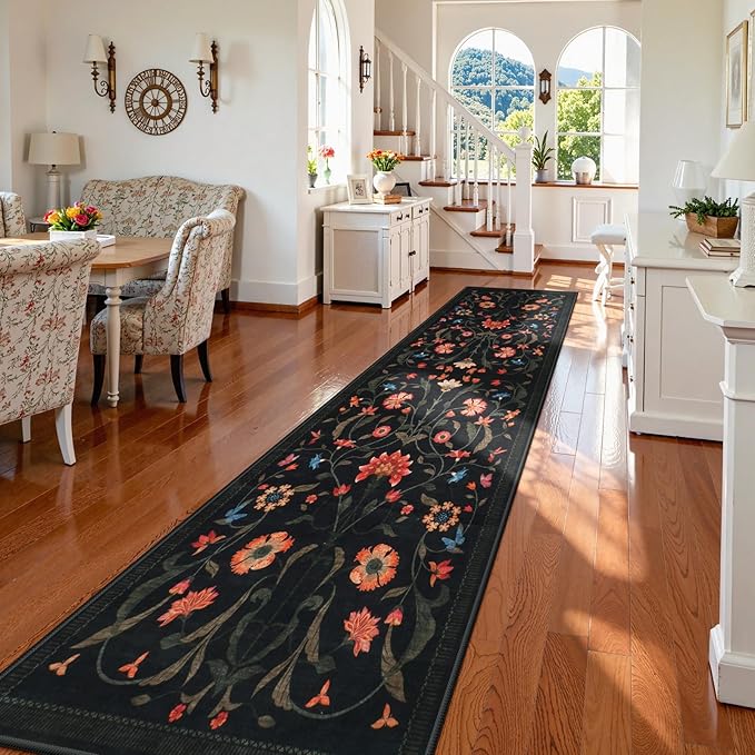 LIVEBOX Black Runners for Hallway - Boho Floral 2'6"x10 Washable Runner Rug, Non-Slip Kitchen Runner Rug, Soft Low-Pile Non-Shedding Carpet Runners for Hallway Entryway Bedroom Bathroom Farmhouse