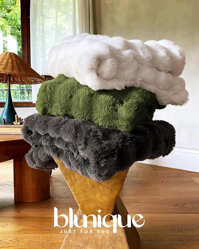 Ultra Soft Cozy Faux Fur Throw Blanket, Fuzzy Plush Thick Bubble Blanket, Oversize Luxury Fluffy Blanket for Couch, Sofa, Bedroom, and Living Room,50x60 Inches,Sage