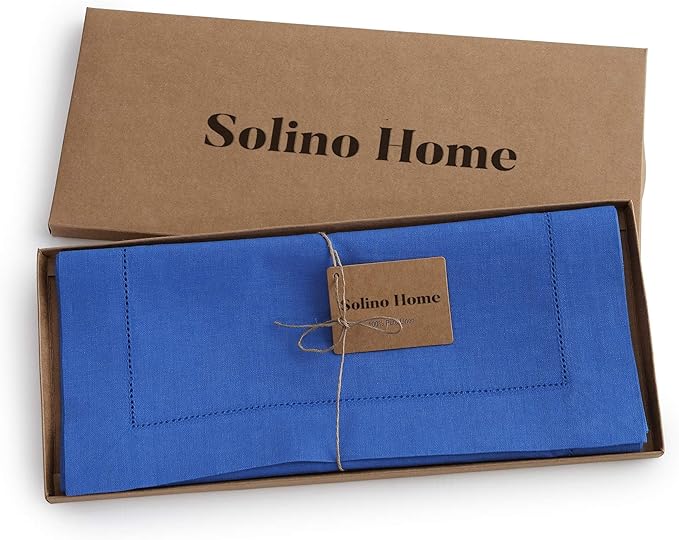 Solino Home Linen Royal Blue Table Runner 132 Inches Long - 100% Pure Linen Extra Long Table Runner 14 x 132 Inch for Christmas, New Year - Classic Hemstitch