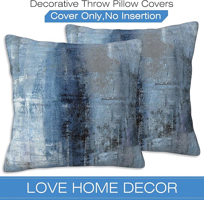 Throw Pillow Cover Case Blue and Grey Abstract Art Pillow Covers 18x18 Inch Set of 2,Soft Decorative Throw Pillow Case for Living Room Bedroom Sofa Couch Cushion Covers