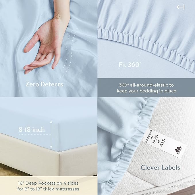 Mayfair Linen 100% Cotton Bed Sheets King Sheet Set - 500 Thread Count Sheets King Size 4 PC Set (Light Blue), Soft, Cooling, Hotel-Quality 16" Deep Pocket Sateen Cotton Bedsheet for Hot Sleepers
