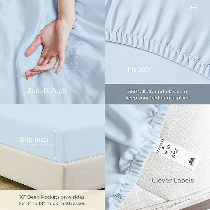 Mayfair Linen 100% Cotton Twin XL Sheet Set - 500 Thread Count Sheets Twin XL Size 3 PC Set (Light Blue), Soft, Cooling, Hotel-Quality 16" Deep Pocket Sateen Weave Cotton Bedsheet for Dorm Room