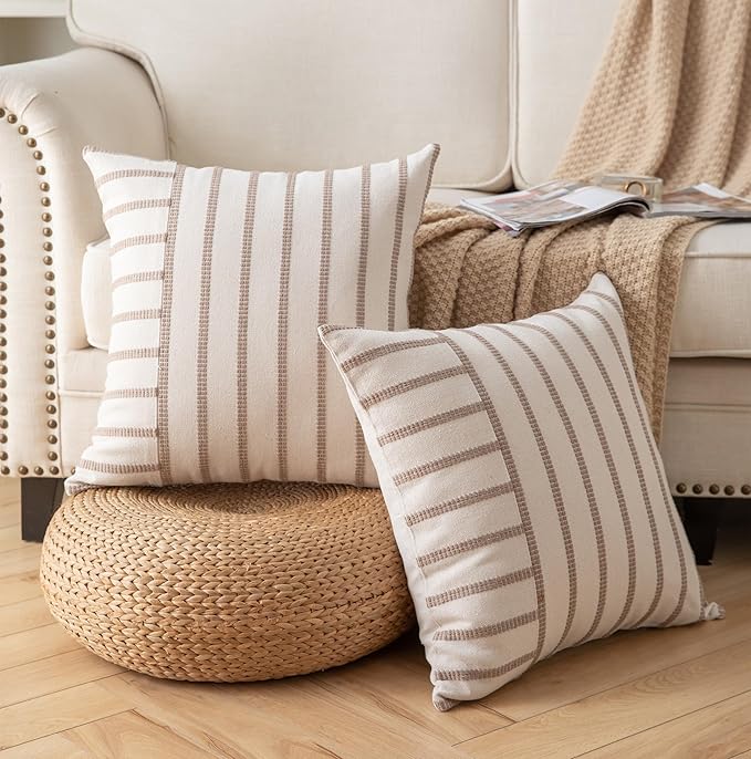 Caflife Boho Throw Pillow Covers 20x20 Set of 2 Soft Farmhouse Decorative Couch Pillow Cases Beige Striped Pillow Covers Neutral Cushion Covers for Sofa Bed Living Room Home Decor