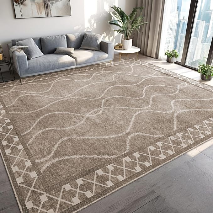 Washable Area Rugs 8x10, Non-Slip Rugs for Living Room Bedroom, Low Pile Large Soft Alfombras, Modern Bordered Home Floor Rugs for Kids Playroom Office Dining Room Farmhouse, Brown