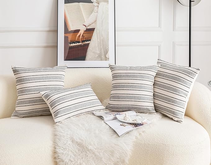 Decorative Boho Lumbar Throw Pillow Covers, Farmhouse Textured Pillow Case, 12 x 20 Inch Set of 2, Chair Sofa Bedroom Living Room Home Decor Couch Cushion Case, Black and Beige