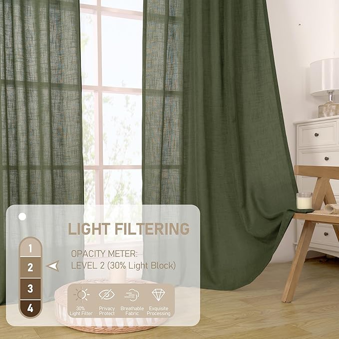 LAMIT Light Filtering Linen Curtains 78 inch for Bedroom, Linen Textured Semi Sheer Back Tab and Rod Pocket Boho Modern Christmas Decor Drapes for Living Room, Olive Green, 2 Panels, 52 x 78 Inch