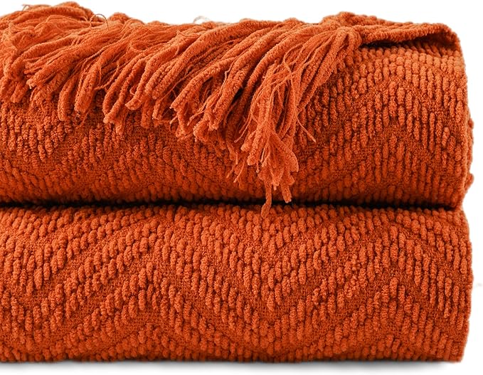 BATTILO HOME Burnt Orange Throw Blanket for Couch, Knit Fall Decor Blanket Versatile for Chair, Decorative Halloween Blanket with Tassels for Twin Bed, 60" x 80"