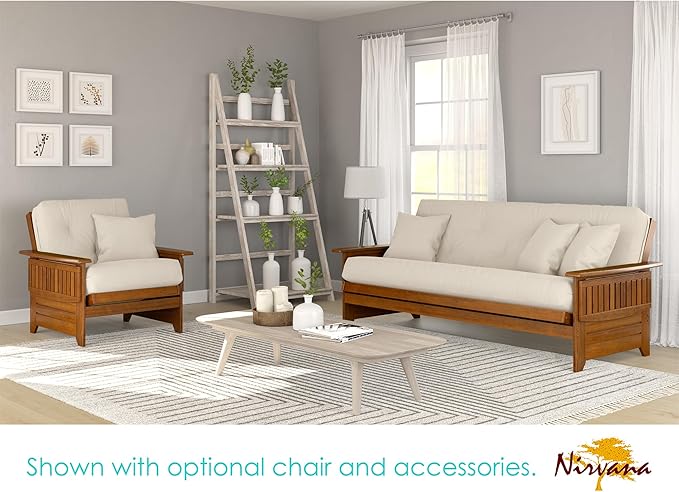 Nirvana Futons Brentwood Tray Arm Futon Sofabed Set - Queen Frame, 8" Thick Ivory Mattress, Rich Heritage Finish
