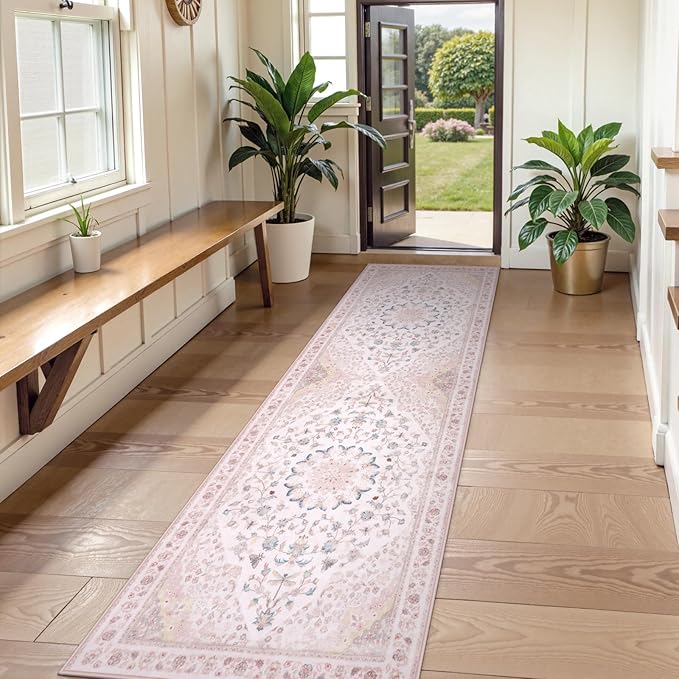 Moynesa Pink Runner Rugs for Long Hallway 2.5x8, Vintage Washable Floral Print Runner for Nursery Decor, Rubber Backing Non Slip Carpets for Kitchen Entryway Bathroom Bedroom