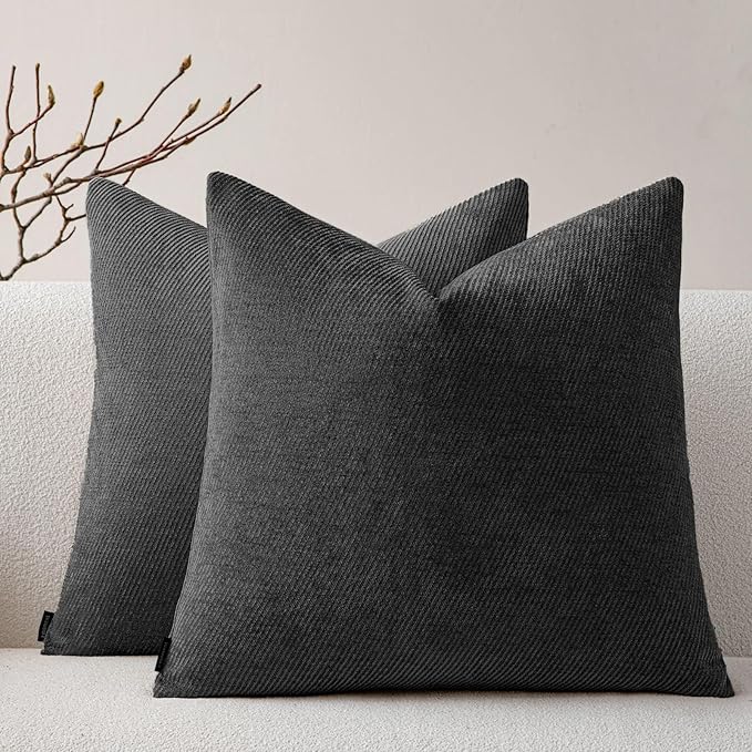 a moment Pack of 2 Decorative Chenille Throw Pillow Covers with Twill Cushion Covers for Sofa Living Room Couch Bed 18x18 Inch Black
