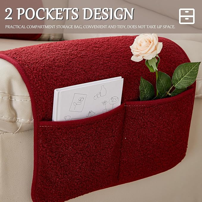 Armrest Cover, Recliner Chair Protector, Furniture Protector Slip, Side Storage Pocket, Stretch Armchair Couch Arm Rest Cover for Recliner, Chair, Sofa (Wine Red,2 Seater(4pcs))