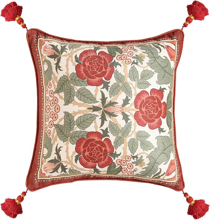 Vintage Square Throw Pillow Covers,Red Cozy Velvet with Leaves and Floral Pattern Pillowcases,Decoration Pillows Cushion Covers for Living Room Couch Sofa Bed Car Chair,18"x18"