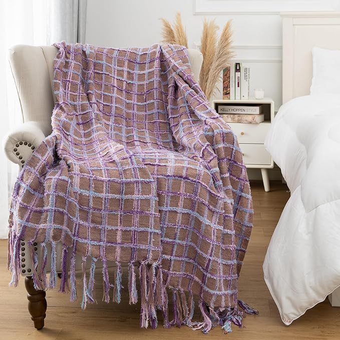 Gealaek Boho Throw Blanket Lightweight Fuzzy Soft Cozy Decorative Blankets for Sofa Bed Farmhouse Throw Blanket Mexcican Blanket with Tassel Khaki Purple Pink Textured 50" x 60"