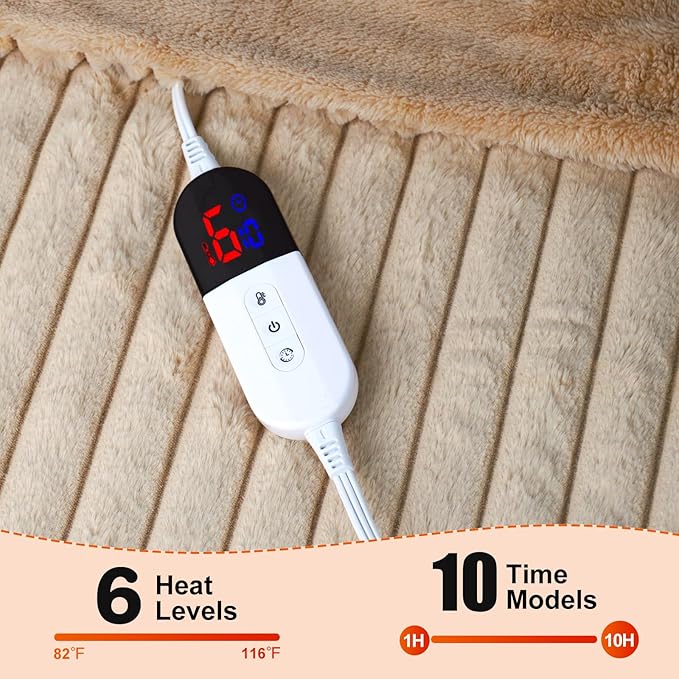 Electric Blanket, Soft Stripe Heated Blanket with 6 Heating Levels & 10 Hours Auto Shut Off with Fast Heating, Machine Washable, Khaki, 90 x 100 Inch