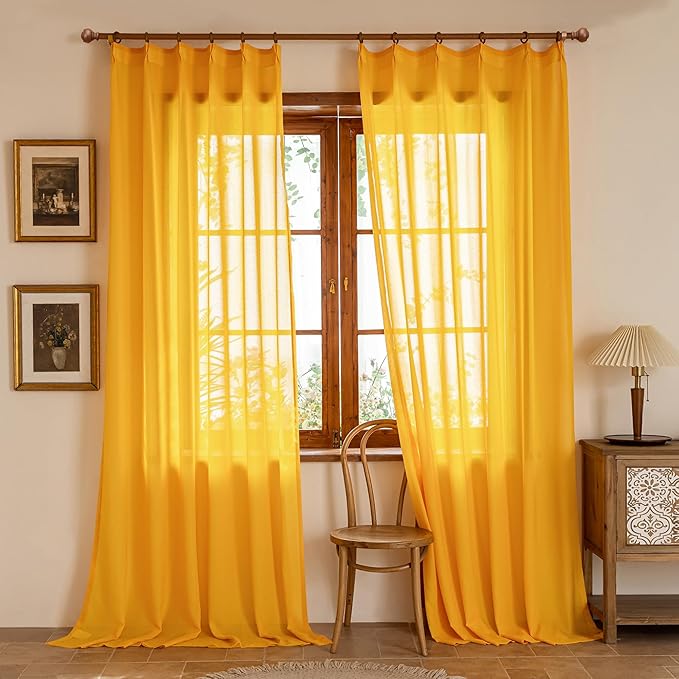 MAIHER Pinch Pleat Sheer Gold Curtains 84 Inches Long for Bedroom Light Filtering Soft Touch Lightweight Golden Yellow Pleated Drapes with Adjustable Hooks(No Rings), Gold, 42" W x 84" L, 2 Panels