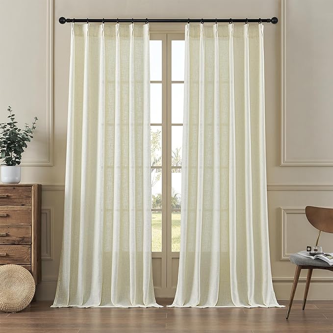 MASWOND Pinch Pleated Linen Sheer Curtains 84 Inch Length 2 Panels for Living Room Bedroom Semi Sheer Window Curtain Boho Neutral Back Tab Pinch Pleat Drape Easy Hanging Via Hooks Linen W38xL84
