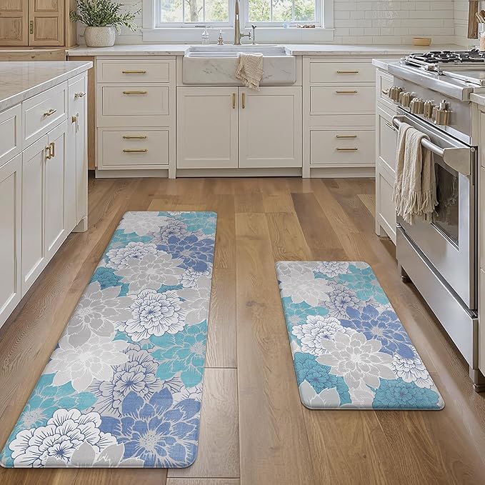 GENIMO Kitchen Mats for Floor, Kitchen Rugs Non Slip Washable Sets of 2, Waterproof Cushioned Anti Fatigue Mat, Floral Runner Rug for Laundry, Sink, Office, Home, 17.3"x59"+17.3"x30", Sky Blue